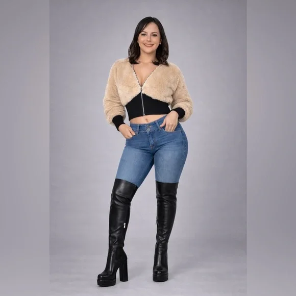 Velvet Fashion Flow Jacket Women's Spliced Wool Short Comfortable Long Sleeve - Picture 5 of 15